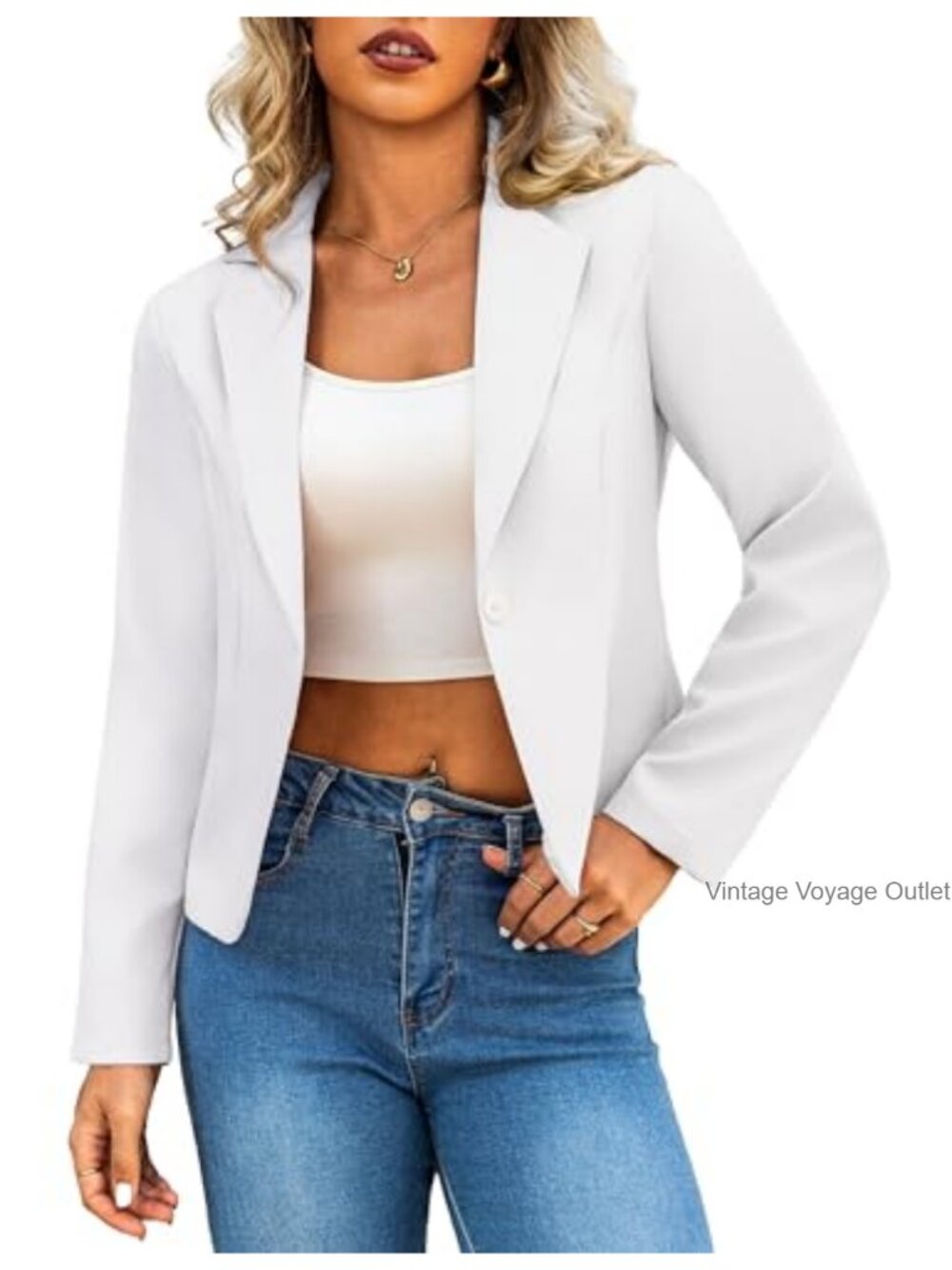 Cropped Blazer Lightweight Business Casual Long Sleeve Lapel V-Neck Fully Lined